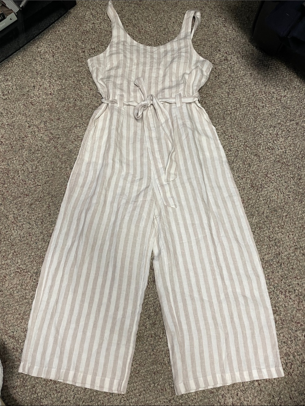 100% linen Striped Cream & White Sleeveless Wide-Leg Jumpsuit
